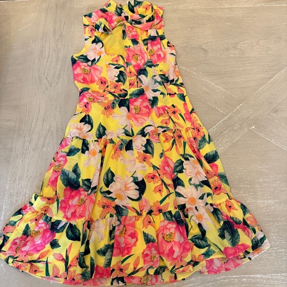 Eliza J Yellow and Pink Tiered Ruffled Sundress Mock Neck Bow - Picture 6 of 8